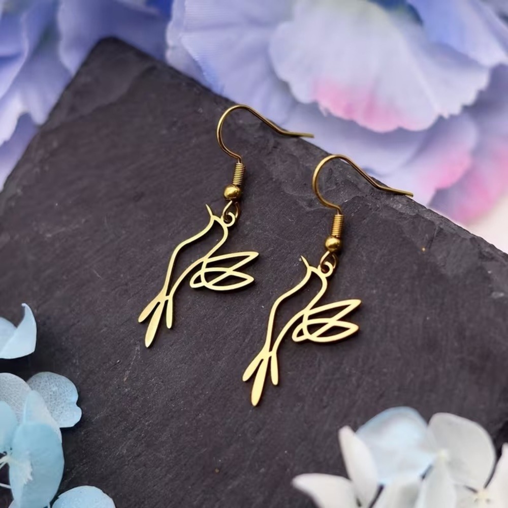 Gold Hummingbird Dangle Earrings 316L Stainless Steel Bird Jewelry‎ 1.69in